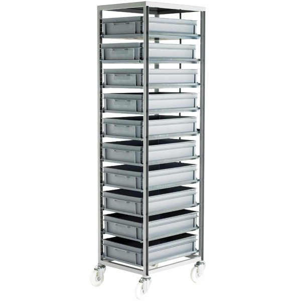 Adjustable Mobile Tray Rack Complete with 10 × Euro Containers & Breaks