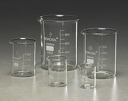 Glass beakers, low form, borosilicate glass 3.3, clear, with spout