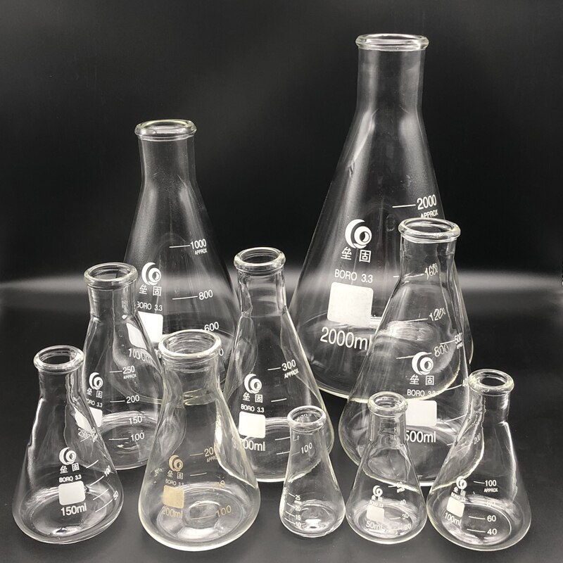 Conical Flask, Erlenmeyer shape, wide neck, borosilicate glass 3,3, clear