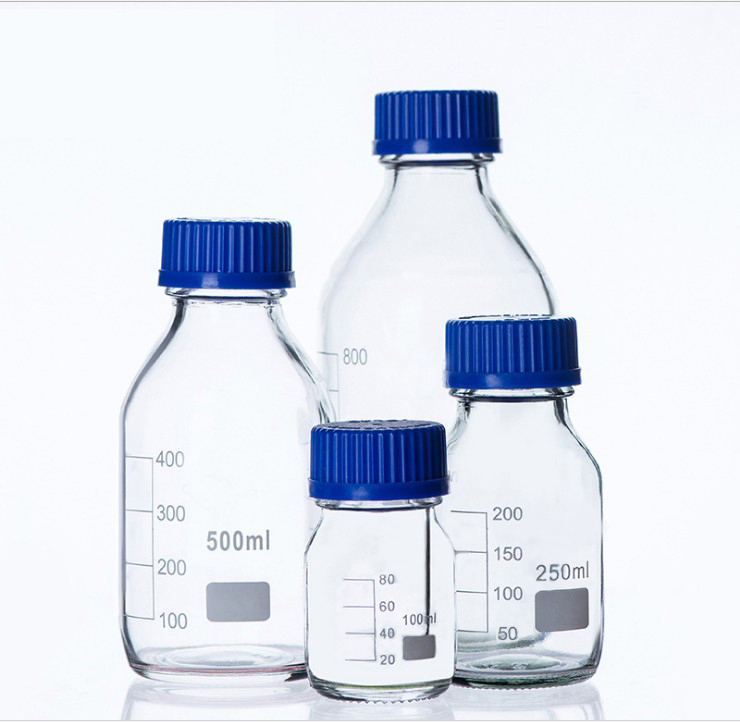 Media bottle, Round, with graduations, narrow neck, Borosilicate 3.3 glass, with blue screw cap and pouring ring