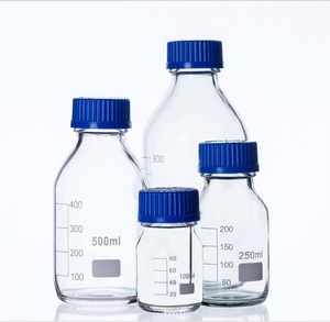 Media bottle, Round, with graduations, narrow neck, Borosilicate 3.3 glass, with blue screw cap and pouring ring