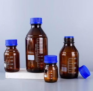 Media bottle, Round, with graduations, narrow neck, Borosilicate 3.3 glass, with blue screw cap and pouring ring
