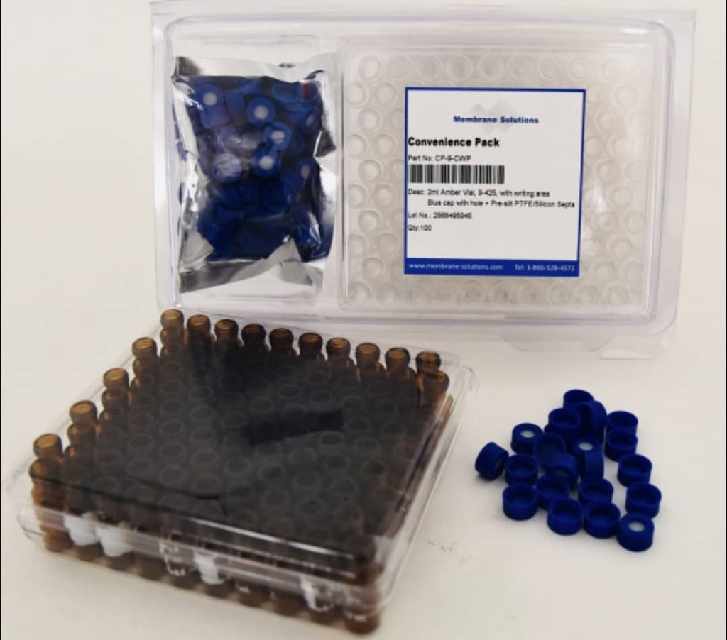 MS® 9-425 screw top Autosampler Vials, with writing area, White PTFE/Red pre-slit silicone septa + Blue screw cap with hole