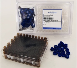 MS® 9-425 screw top Autosampler Vials, with writing area, White PTFE/Red pre-slit silicone septa + Blue screw cap with hole