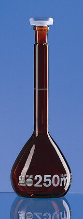 BLAUBRAND® volumetric flask, PP stopper, amber glass, class A DE-M, DIN EN ISO 1042