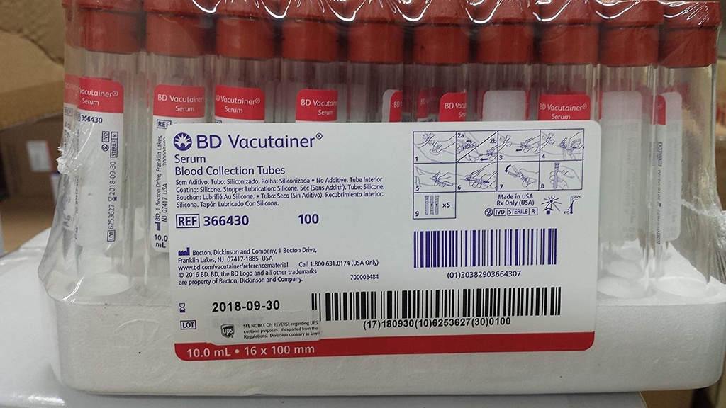 BD Vacutainer® Serum Tubes, 16x100mm,  Silicone coated, red top, 10mL