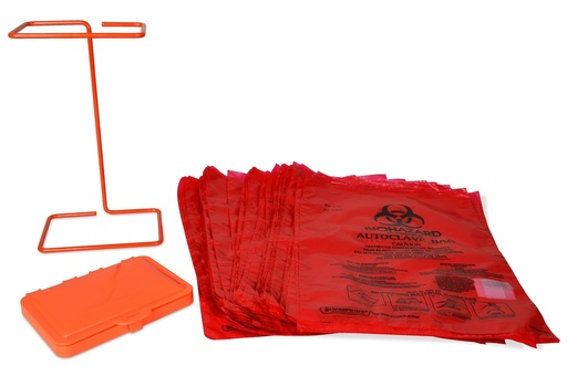 [F131930500] Bel-Art™ Bench-Top Biohazard Bag Holder Kit with Plastic cover; Includes 100 Polyethylene 8¹/₂ x 11 in. Bags 