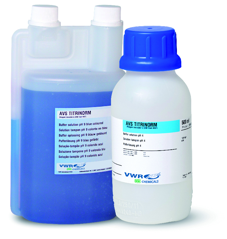 VWR Buffer solutions, 20 °C AVS TITRINORM, Color code; Blue/green/red, pH 4,7,10 in Plastic bottle (3×250 ml)