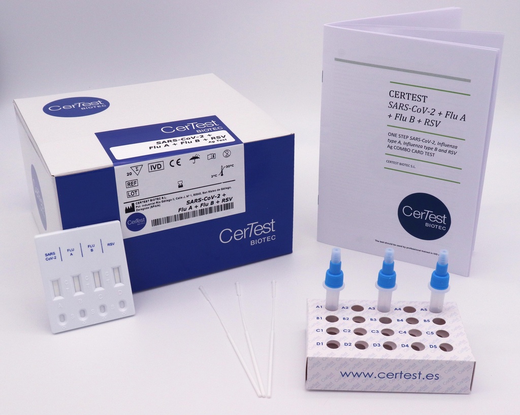 CerTest SARS-CoV-2 + Flu A + Flu B + RSV Combo Rapid Antigen Test, 20 Tests