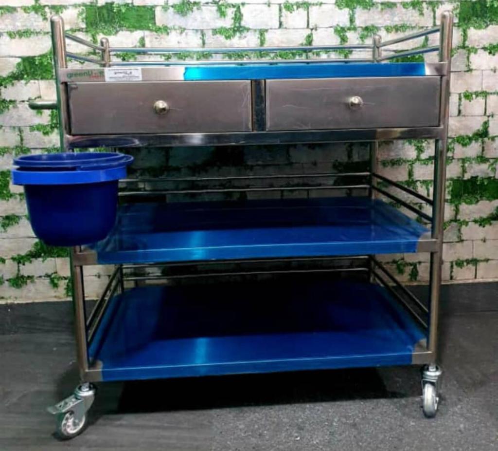 Stainless steel Instrument & Medicine trolley, 2-step, with castors & 2 drawer