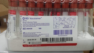 BD Vacutainer® Serum Tubes, 16x100mm,  Silicone coated, red top, 10mL
