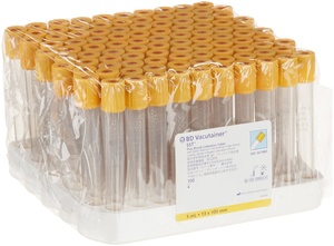 BD Vacutainer® Venous Blood Collection SST™ Tubes, 13x100 mm, 5.0 mL with Gold BD Hemogard™ closure.