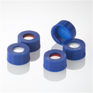 Blue 9mm screw cap with orange silicone/white ptfe septa
