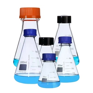 Conical Flask, Erlenmeyer shape, Narrow neck, borosilicate glass 3.3, clear with blue screw cap